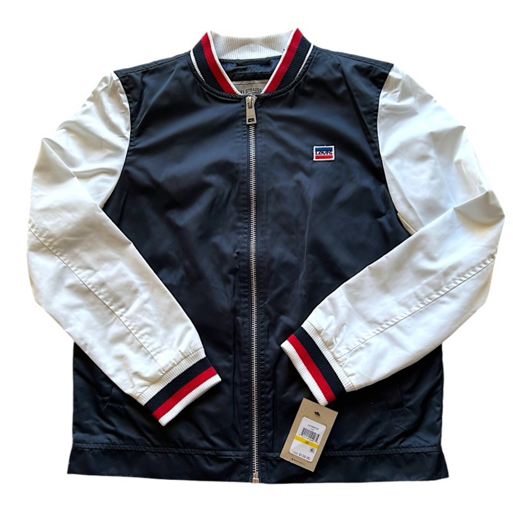 $100 Navy Levi’s Retro Varsity Bomber Jacket Medium Colorblock Stripe Trim NWT